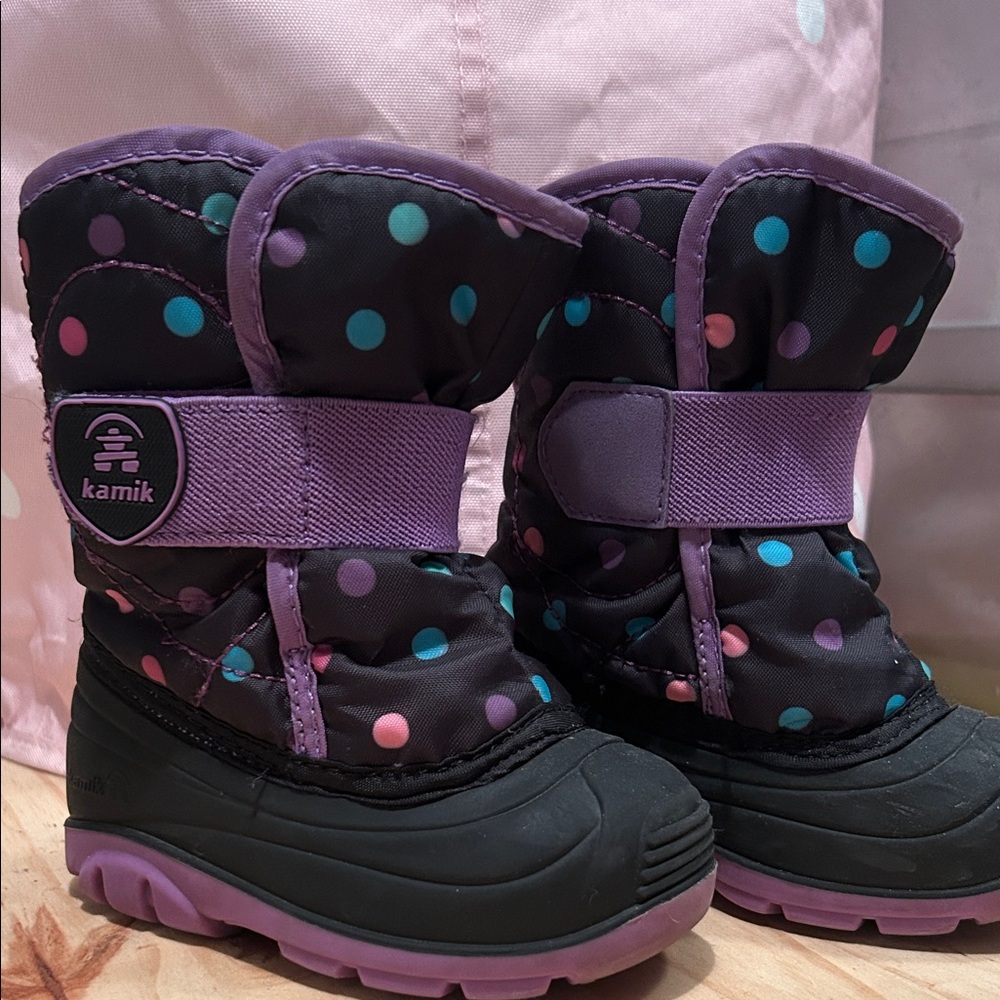 Kamik Black and Purple Polka Dot Boots